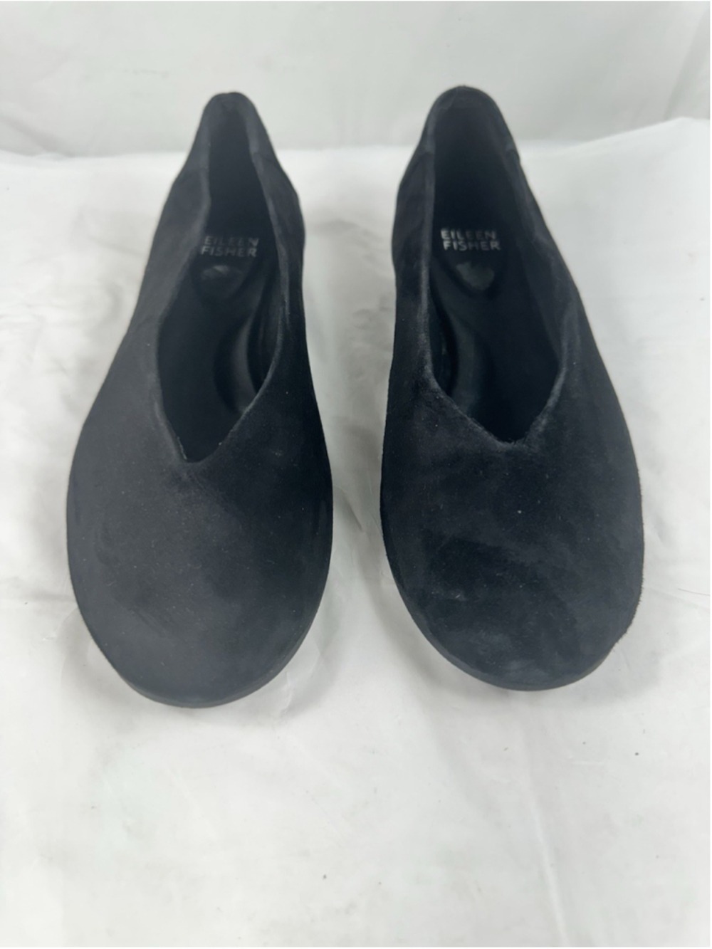 Eileen Fisher Una Hidden Wedge Ballet Flats Sz 6.5 Black Suede Round Toe V-Cut